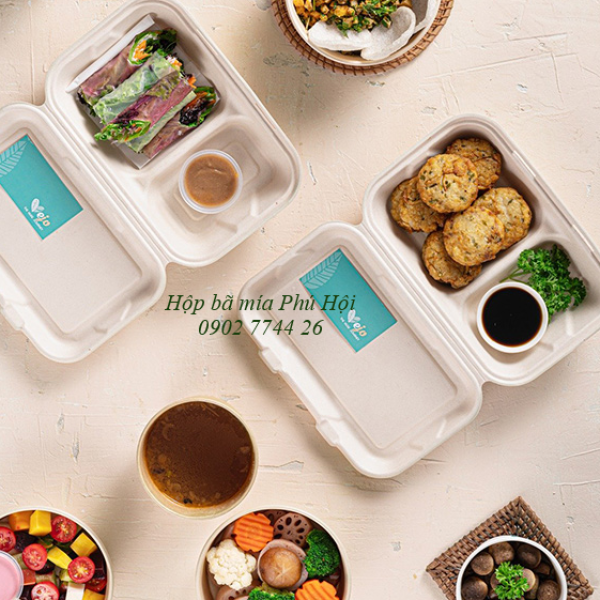 Hộp bã mía 2 ngăn nắp liền 800ml 